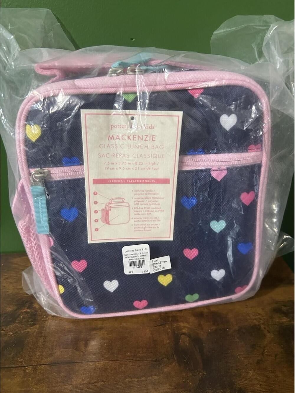 Pottery Barn Kids Mackenzie Lunch Bag Hearts NWT Navy Pink Insulated